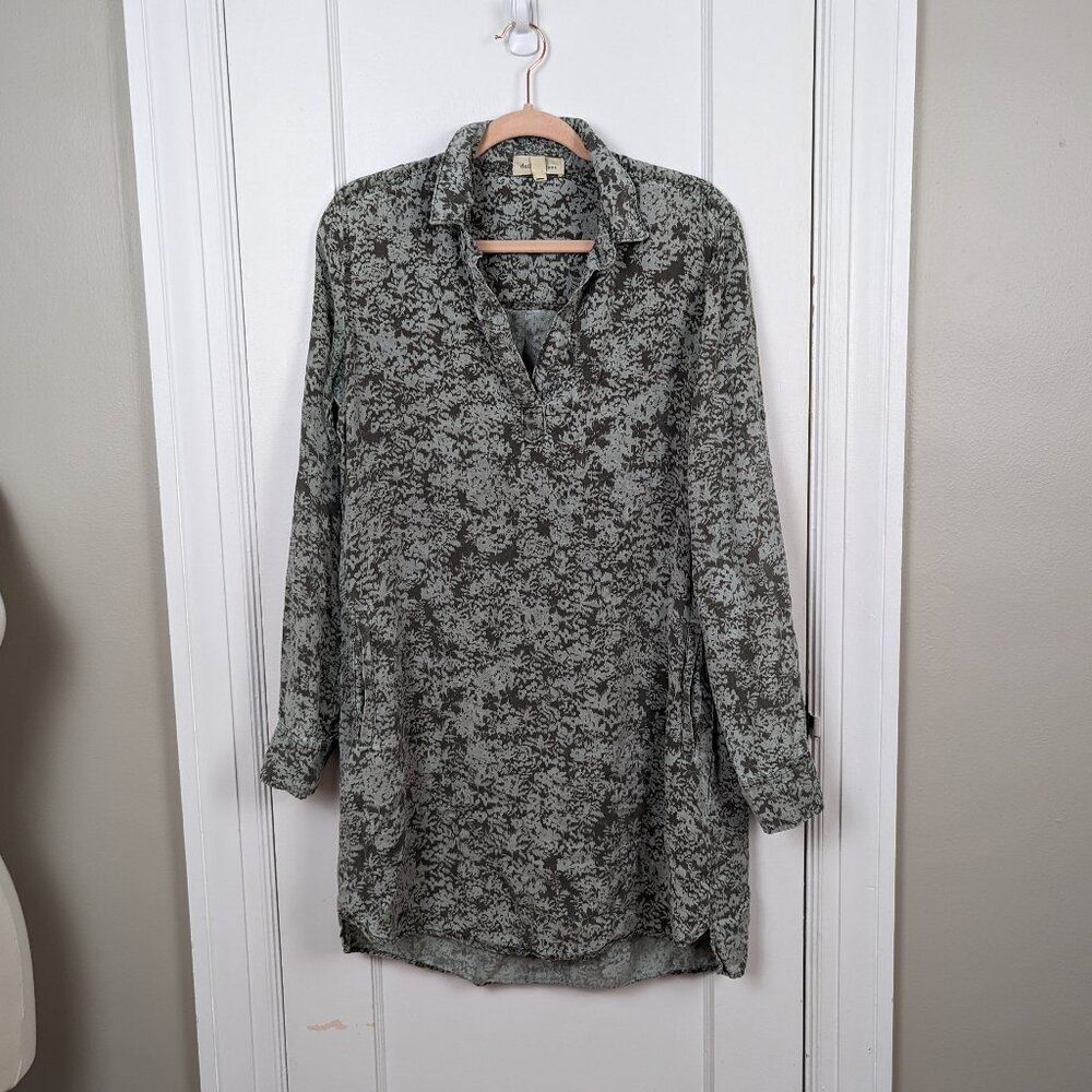 Cloth & Stone Army Green Ikat Floral Botanical Camo Chambray Tunic Shirt Dress